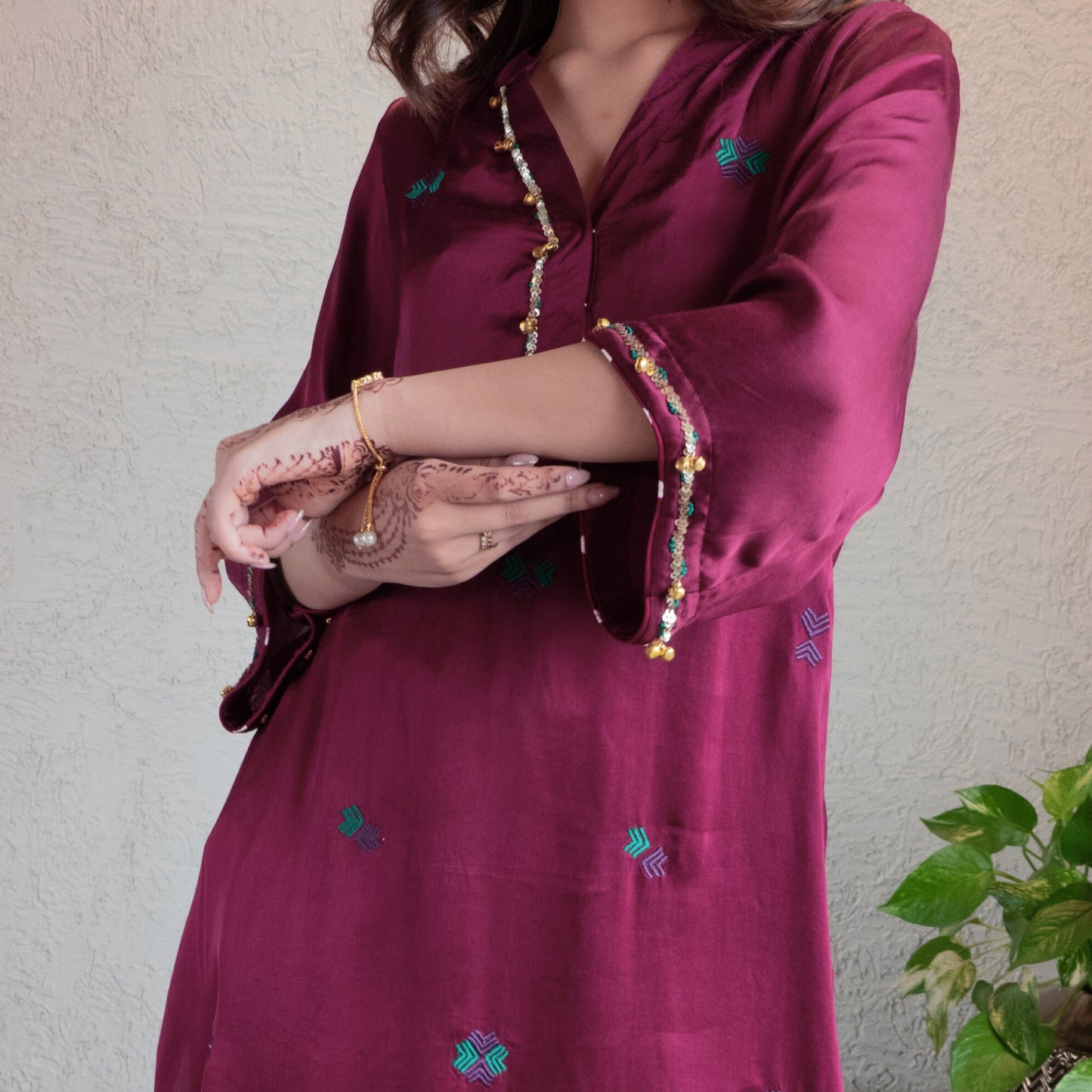 Wine Embroidered Kurta with Bandhani dhoti set