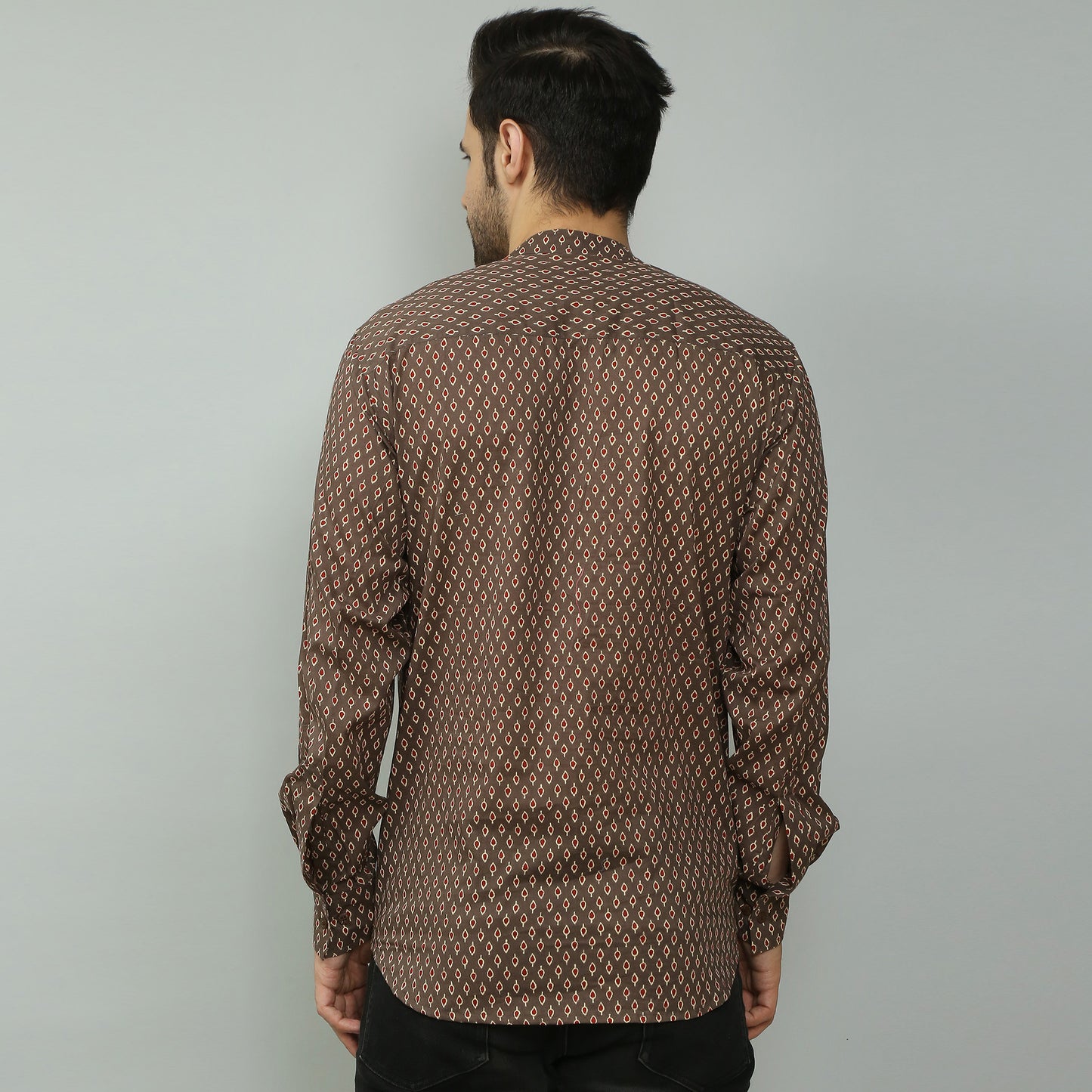 brown Cotton printed full sleeves kurta style shirt