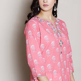 pink printed kurta with neck embroidery