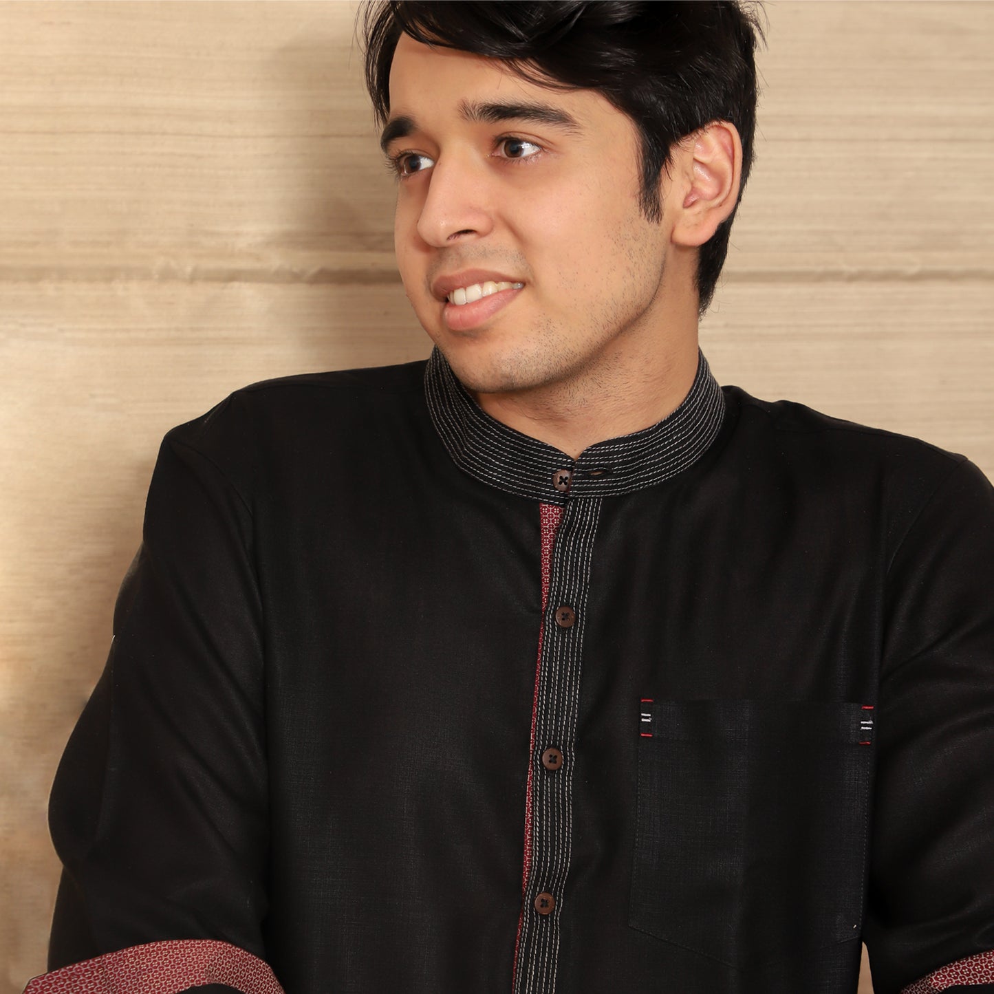 black men's band collar cotton blend kurta