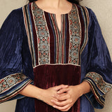 Colour Block Crushed Velvet Kurta Set with Stripe Modal Silk Harem Pants