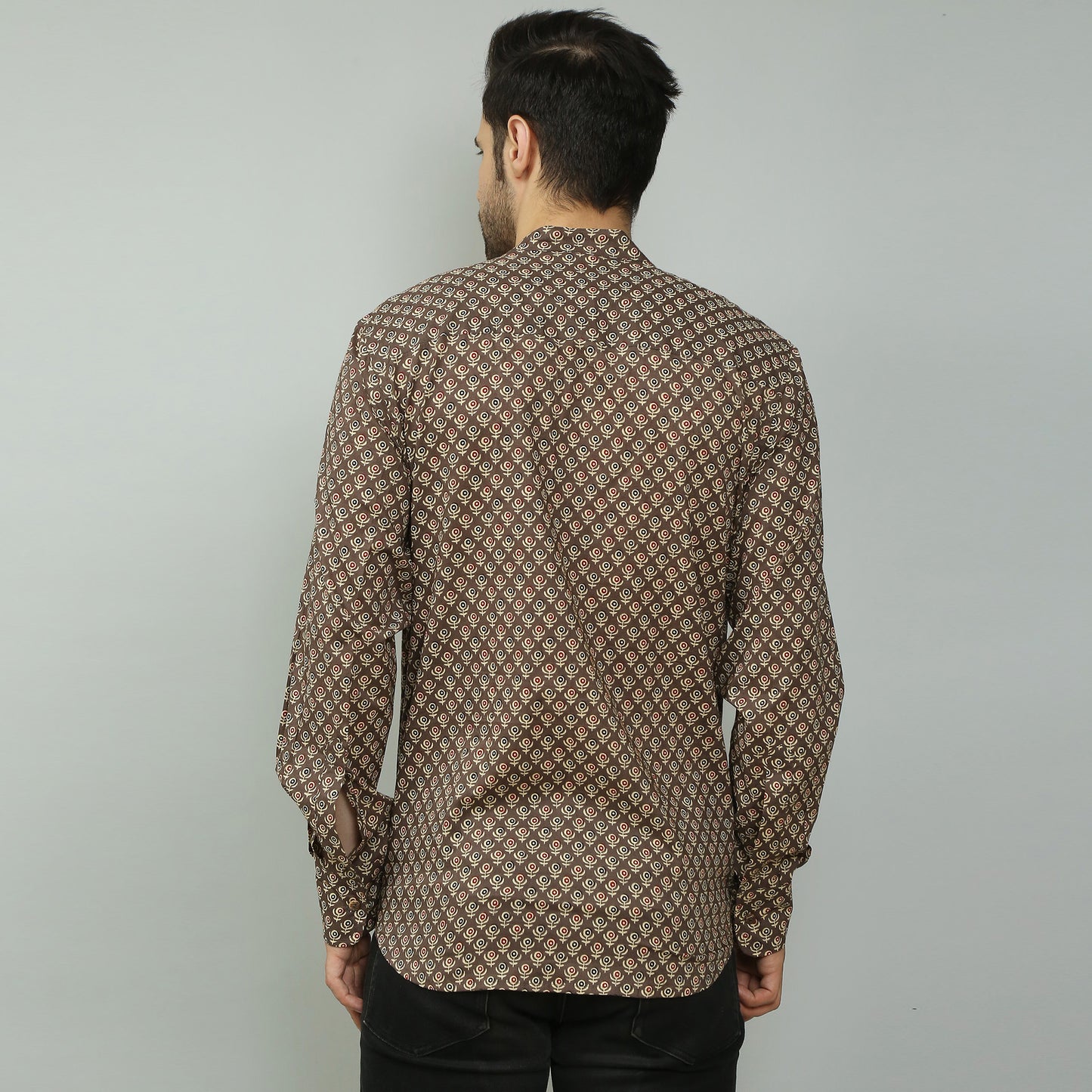 brown Cotton printed full sleeves band collar shirt