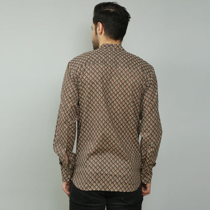 brown Cotton printed full sleeves band collar shirt