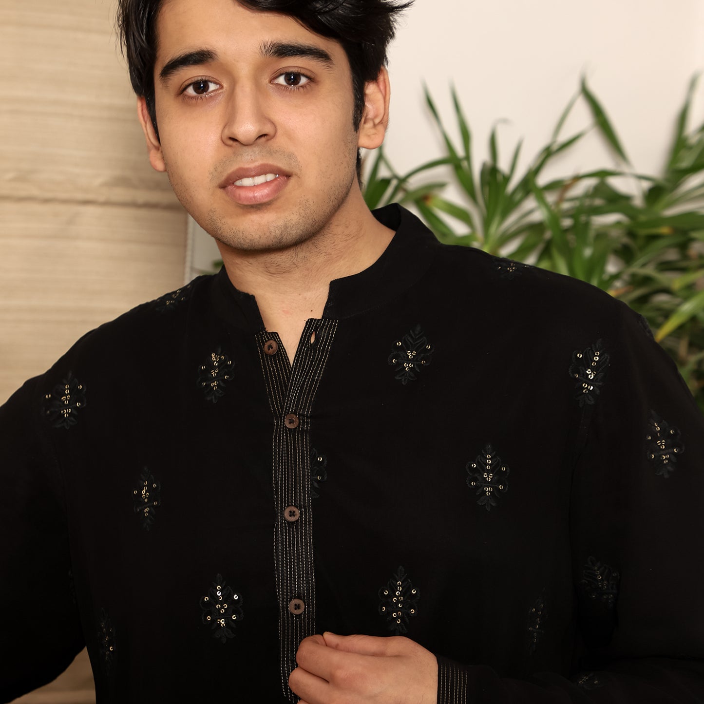 black men's band collar georgette kurta