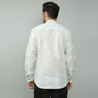 white Cotton printed full sleeves band collar shirt