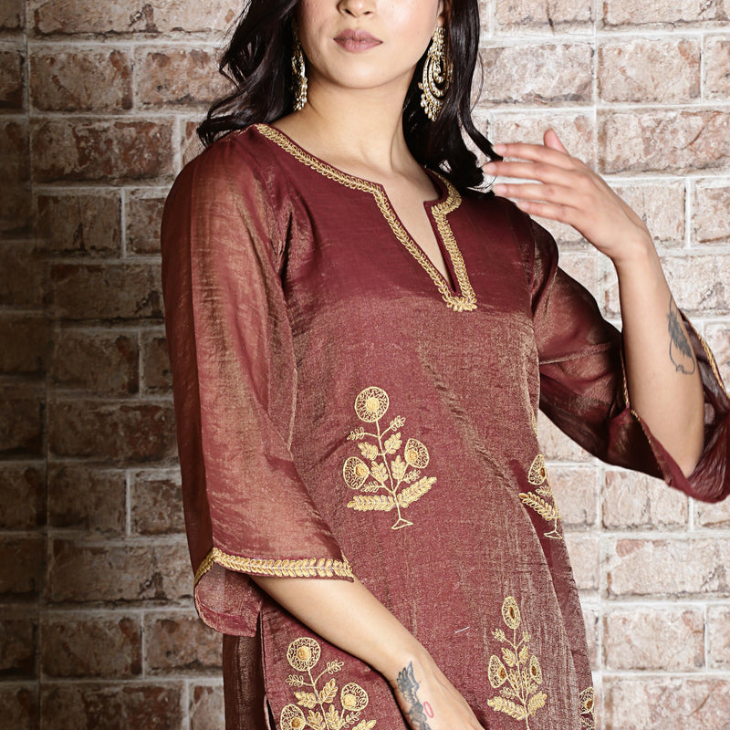 brown chanderi embroidered kurta set