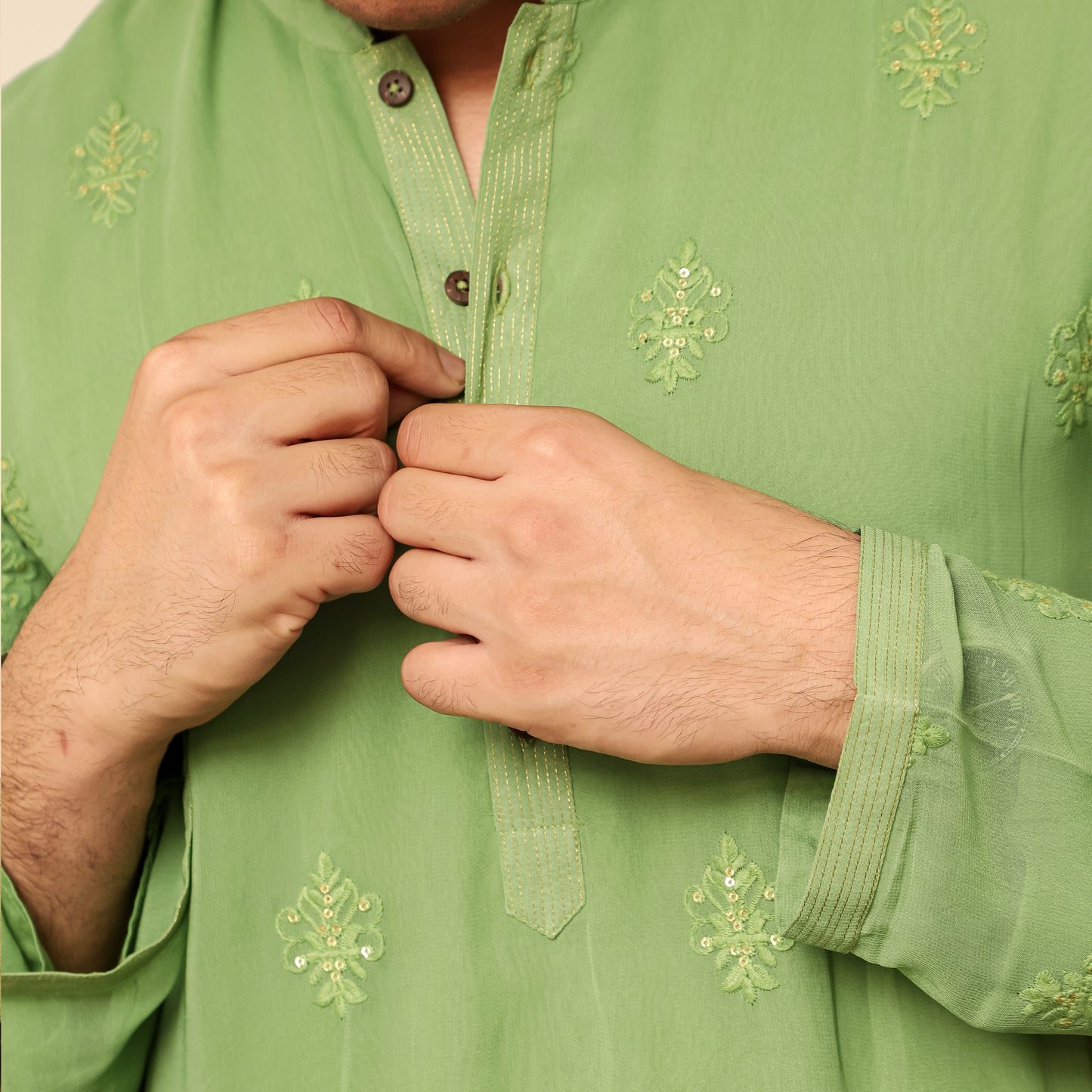 green men's band collar georgette kurta