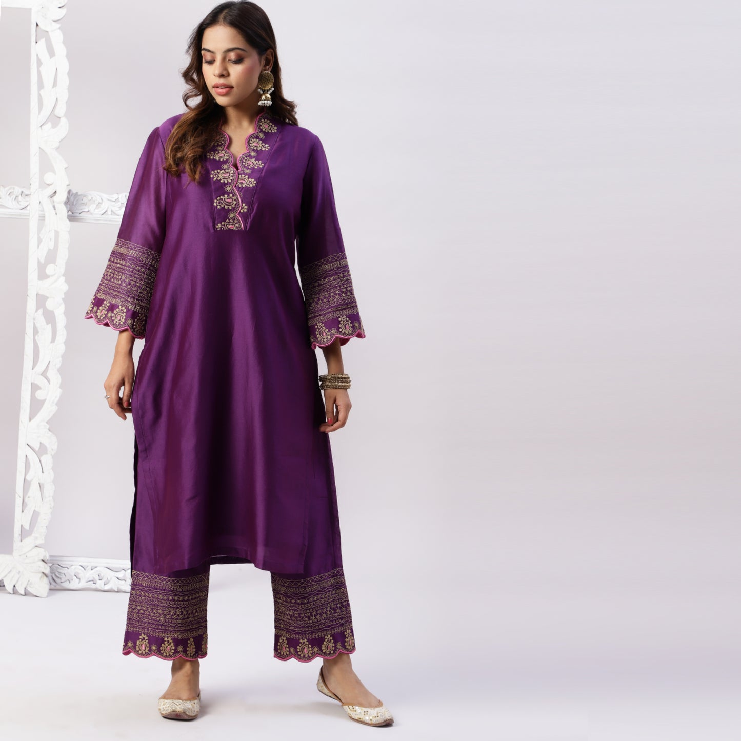 Chanderi embroidered set with organza dupatta