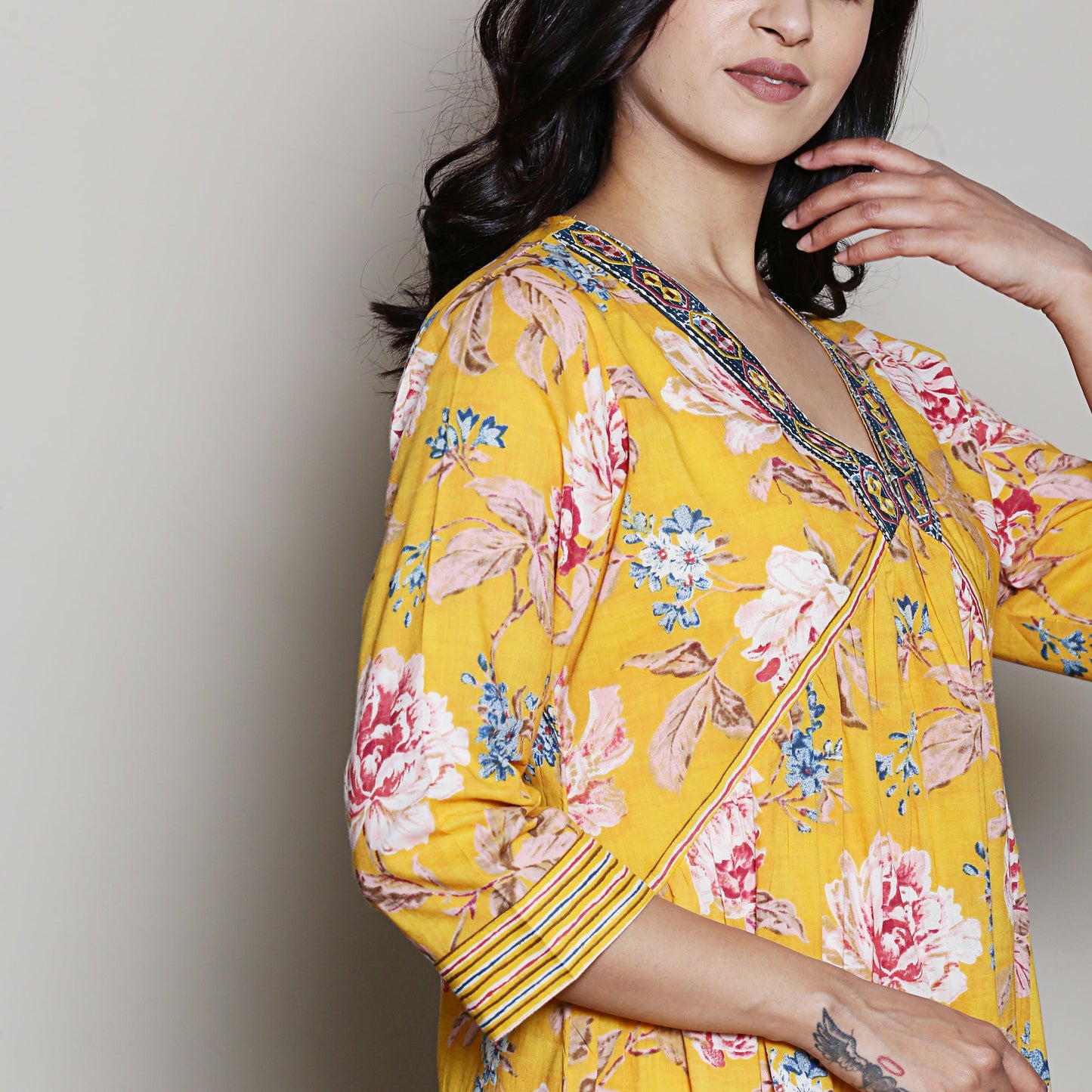 Floral printed yellow A line kurta set