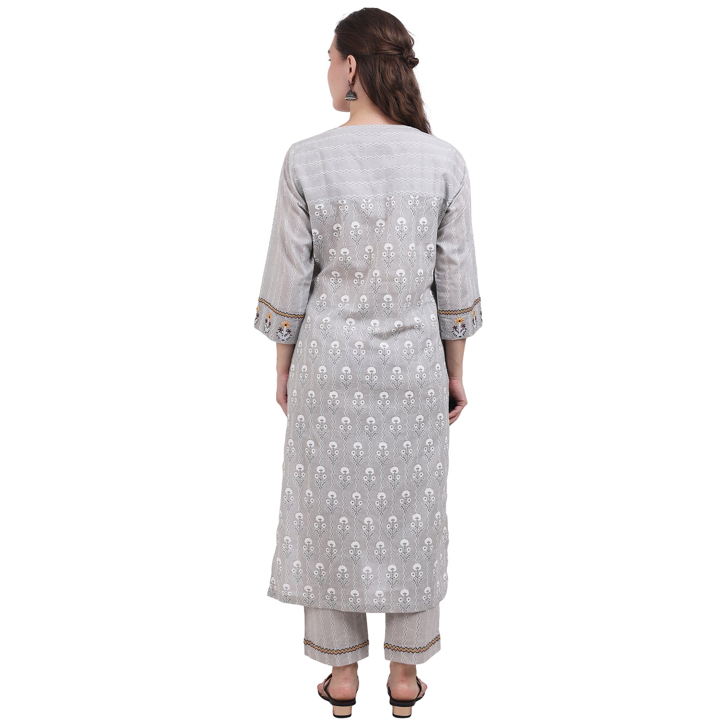 Grey Printed V-neck Kurta Set