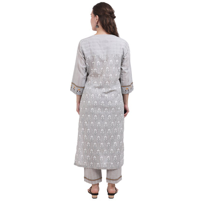 Grey Printed V-neck Kurta Set