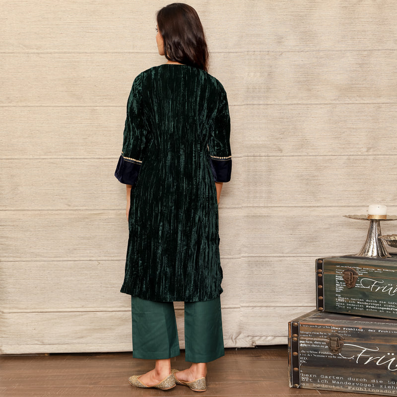 Dark Green Embroidered Crushed Velvet Silk Kurta with Mashru Silk Pants