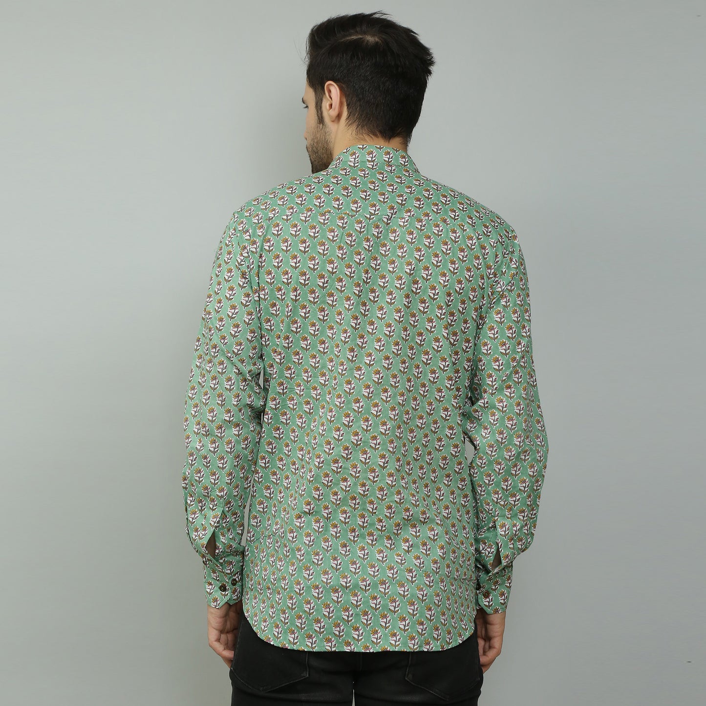 green Cotton printed full sleeves band collar shirt