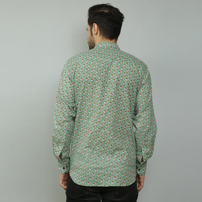 green Cotton printed full sleeves band collar shirt