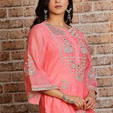 Coral embroidered kurta set with dupatta