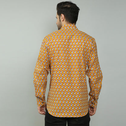 mustard Cotton printed full sleeves band collar shirt
