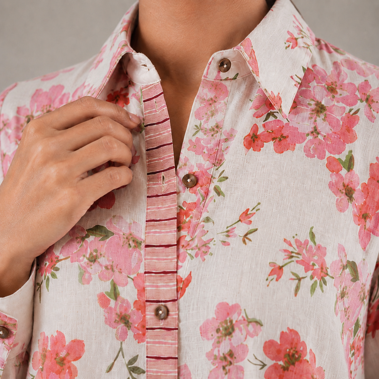 Pink Flax Printed Shirt dress with Pockets