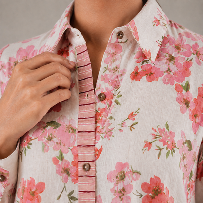 Pink Flax Printed Shirt dress with Pockets