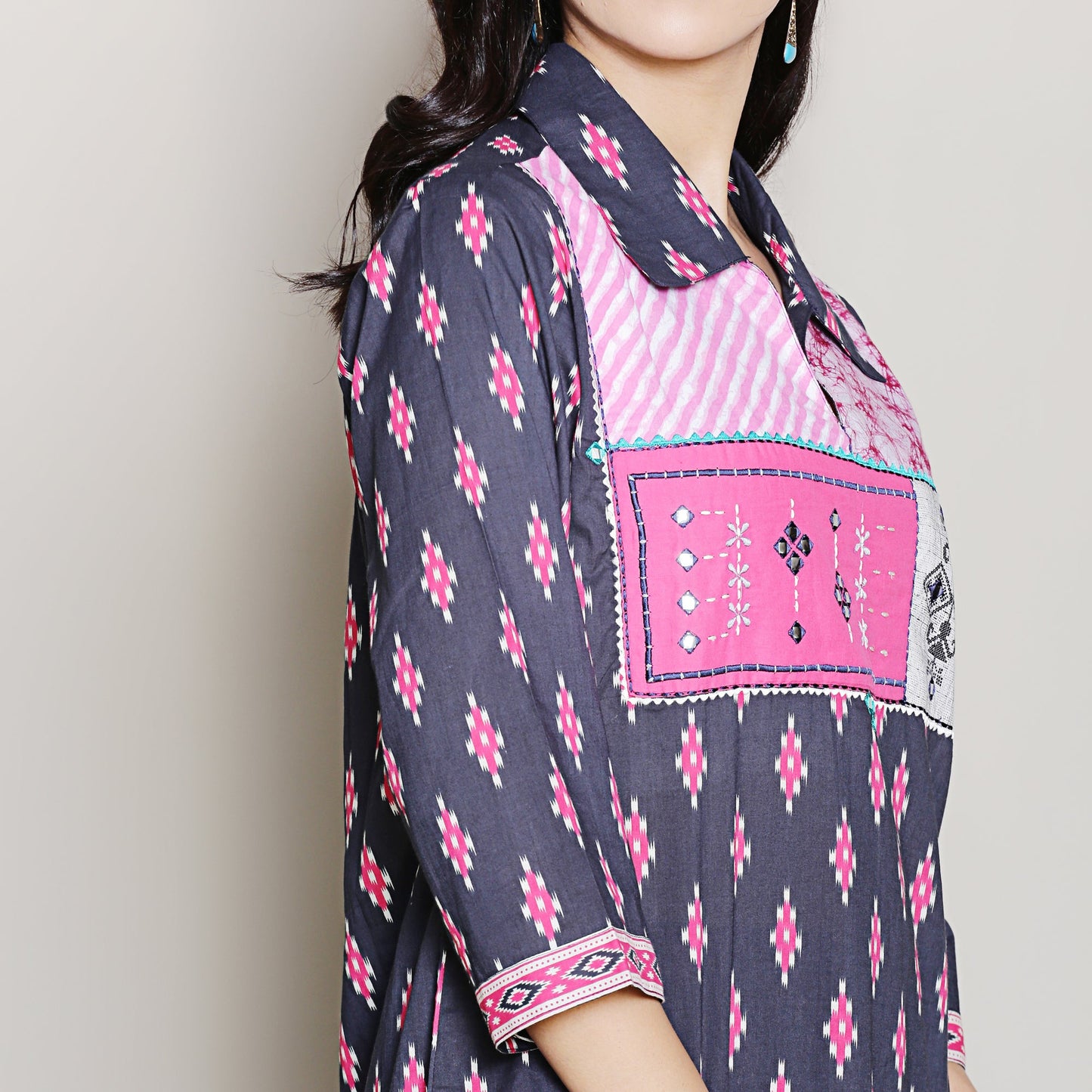 Block Printed navy blue kurta  with yoke detailing