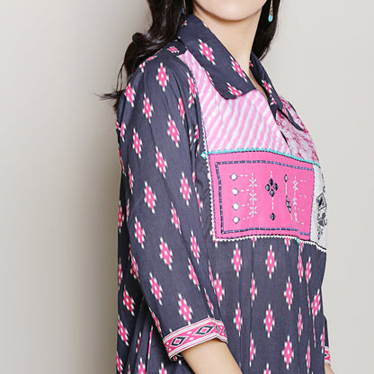 Block Printed navy blue kurta  with yoke detailing