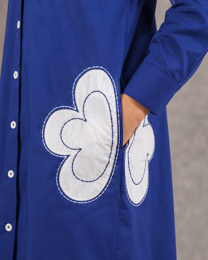 Royal Blue Cotton Shirt Dress with White Flower Applique and Pockets
