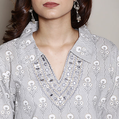 Block printed grey co-ord set with neck embroidery