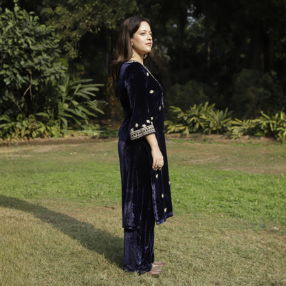 Navy Blue Velvet Embroidered Kurta set
