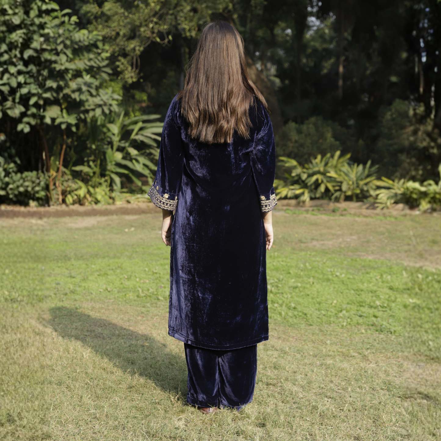 Navy Blue Velvet Embroidered Kurta set with dupatta
