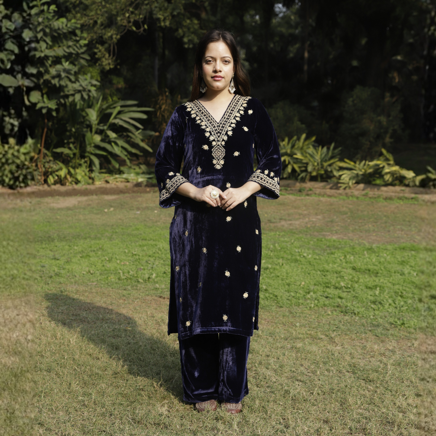 Navy Blue Velvet Embroidered Kurta set