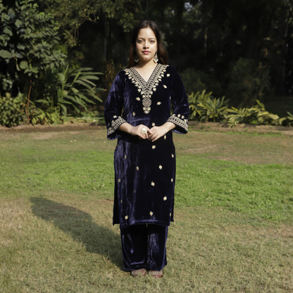 Navy Blue Velvet Embroidered Kurta set