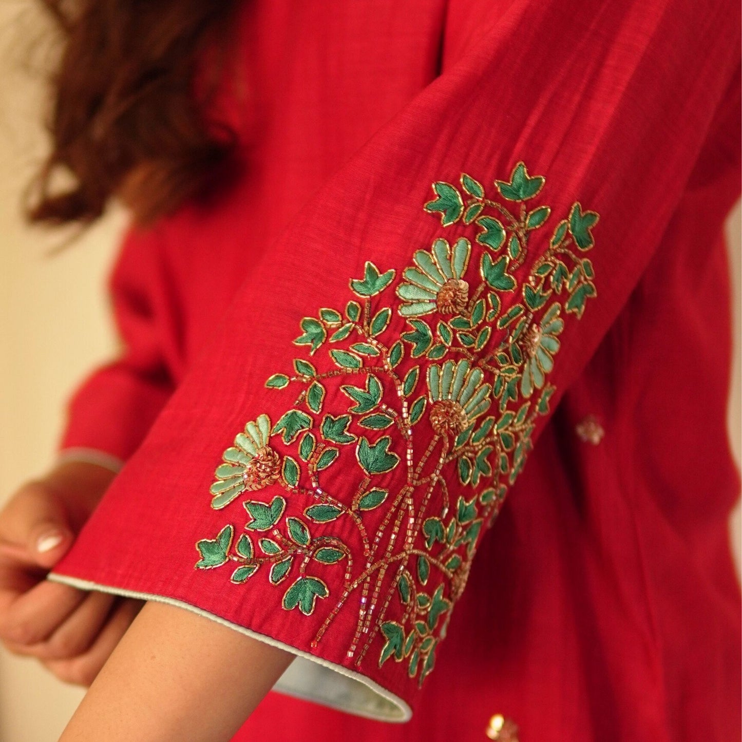 Red chanderi hand embroidered kurta set with organza dupatta