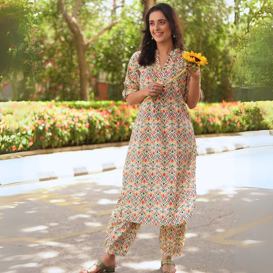 Multicoloured Ikat printed Kurta with Afghani Salwar