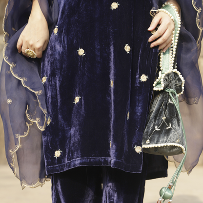 Navy Blue Velvet Embroidered Kurta set with dupatta