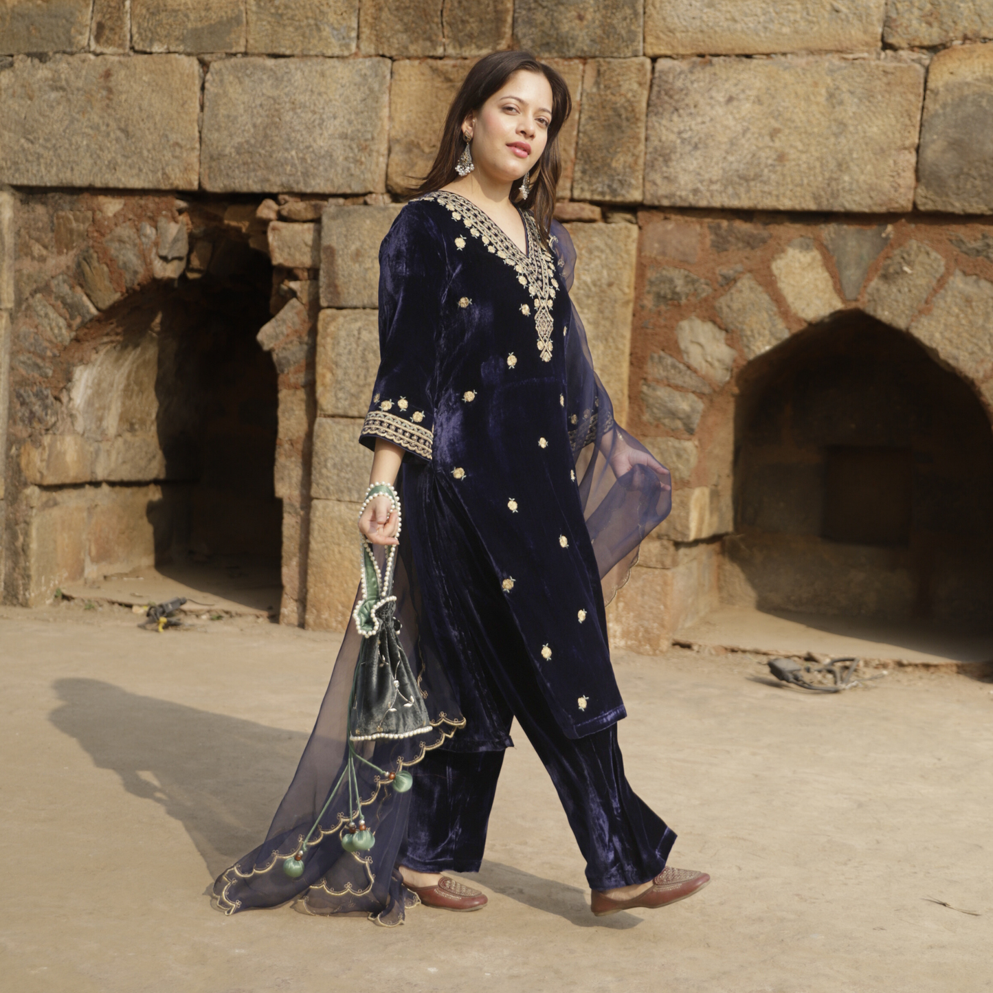 Navy Blue Velvet Embroidered Kurta set with dupatta