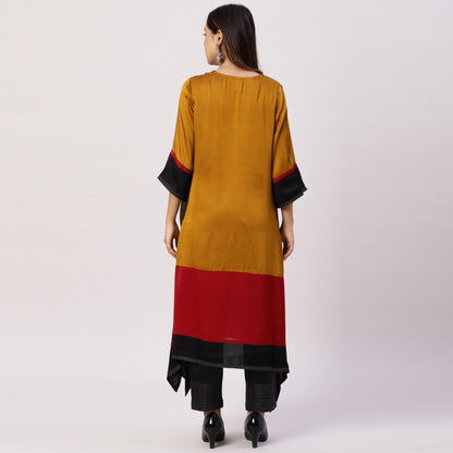 Modal silk color block kurta with brocade pockets