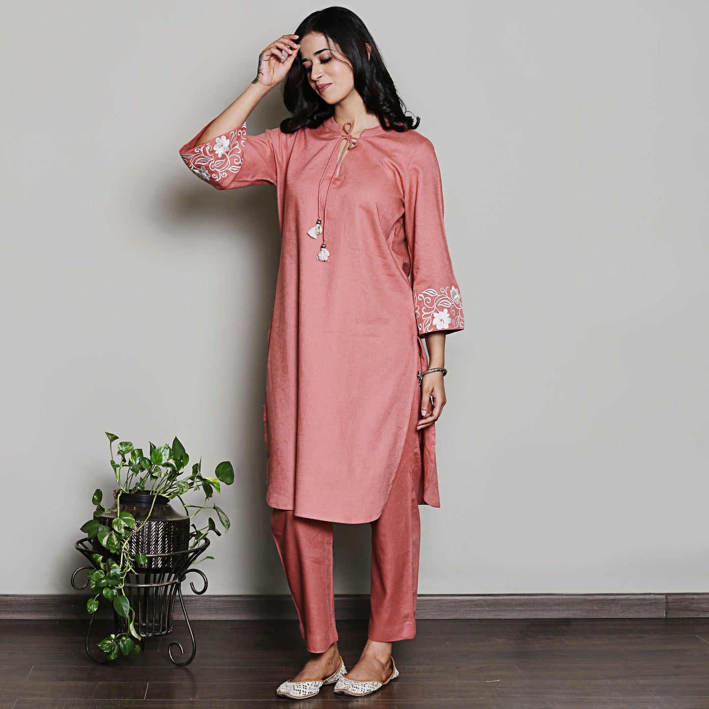 Peach co-ord set with sleeves embroidery