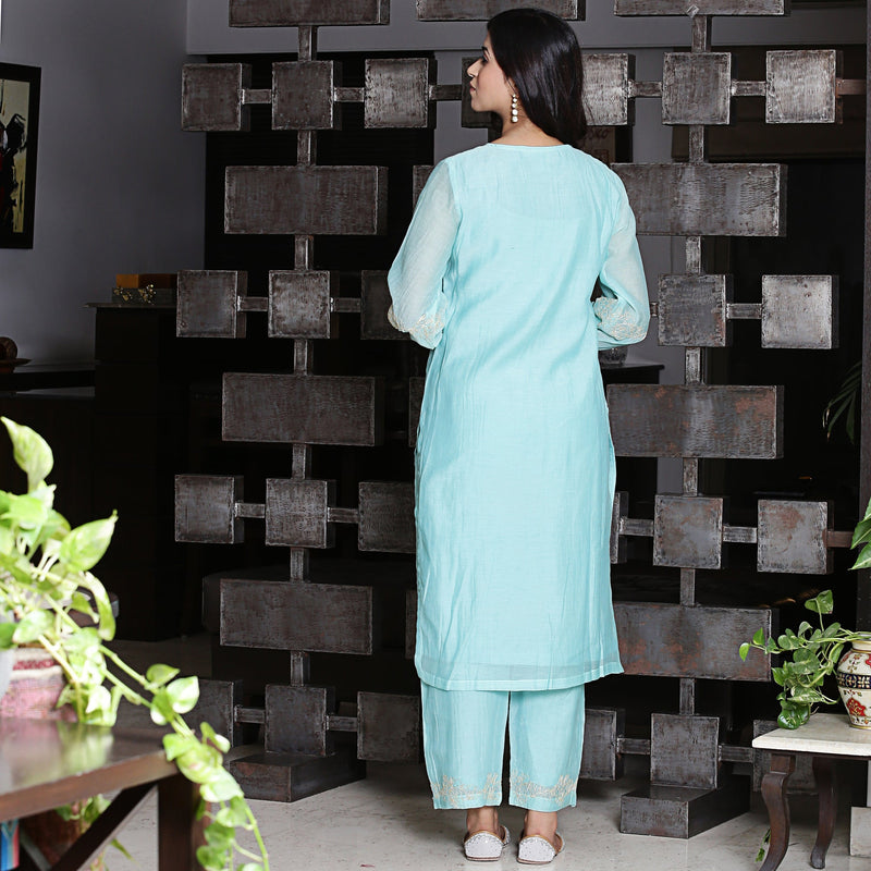 Aqua Blue chanderi kurta set with zari detailing