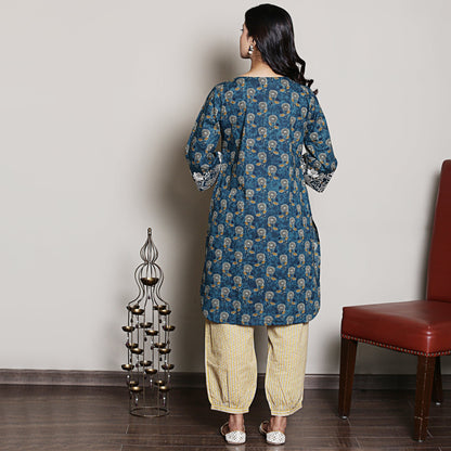 Teal embroidered Block Printed Co-ord Set