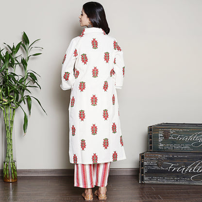 Printed off-white collared A-line kurta