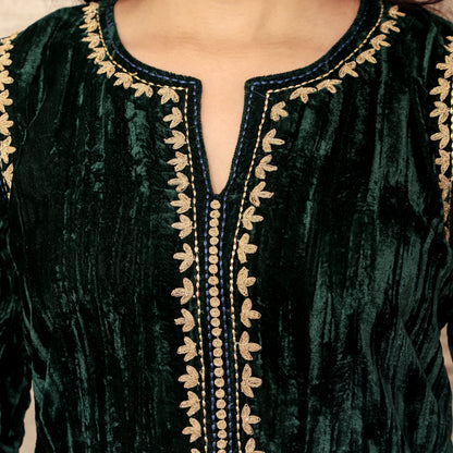 Dark Green Embroidered Crushed Velvet Silk Kurta with Mashru Silk Pants