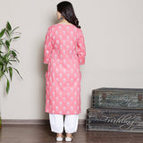 pink printed kurta with neck embroidery