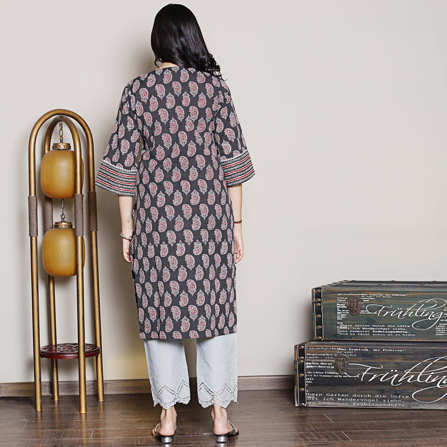 Block printed kurta with yoke