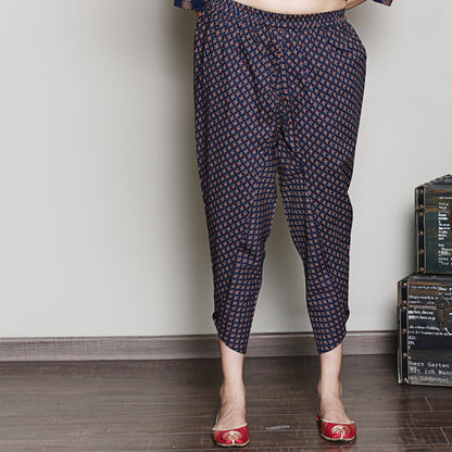 Block printed navy blue embroidered kurta set with dhoti pants