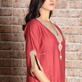 brick red chanderi A-line embroidered kurta set with dupatta