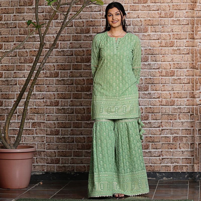 Green embroidered sharara set