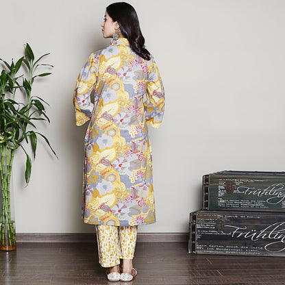 Printed yellow A-line kurta set