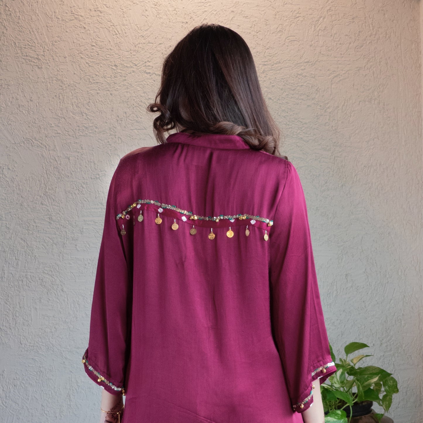 Wine Embroidered Kurta with Bandhani dhoti set