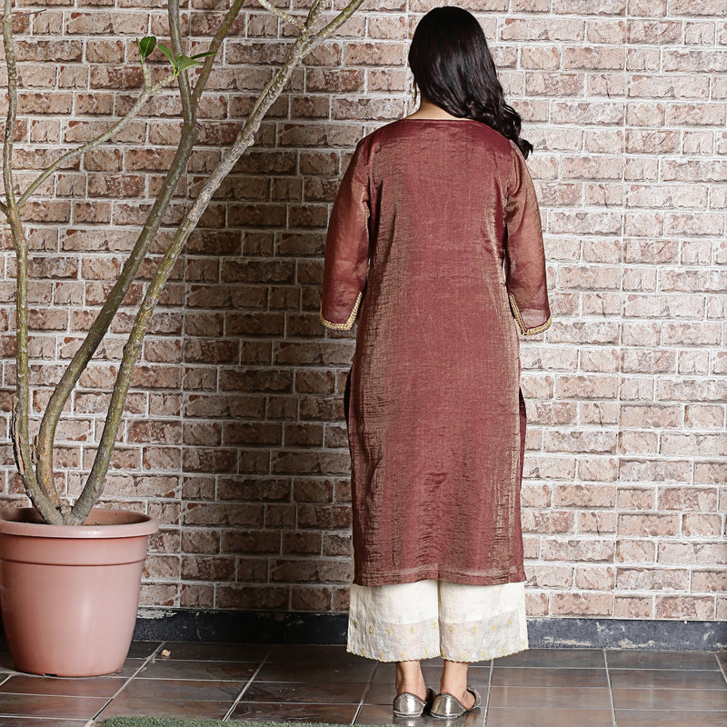 brown chanderi embroidered kurta set