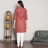 Block printed red embroidered kurta set with dhoti pants