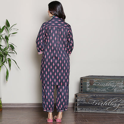 Block Printed navy blue kurta  with yoke detailing